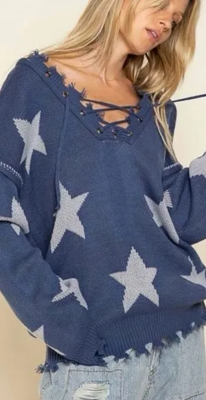 𝅺 Bohemian sweater with tattered raw edges, and Lace up front and back Med thumbnail 1