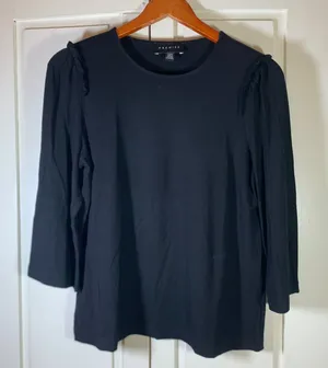 Premise Black Ruffle Shoulder Crew Neck 3/4 Sleeve Knit‎ Top Womens Size Medium thumbnail 1