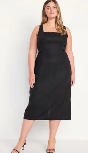 Old Navy Linen Blend Sleeveless Square Neck Midi Dress in Black - Size L thumbnail 1