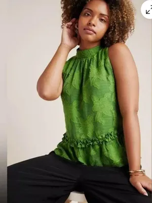 ANTHROPOLOGIE (Maeve) Savannah Peplum Textured Floral Blouse, Green, Size 4 thumbnail 2