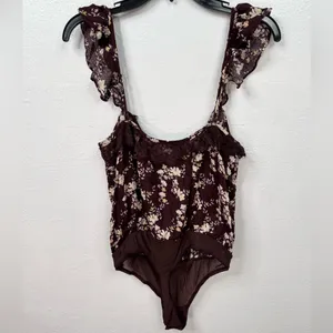 Free People Intimately Bodysuit Womens S Brown Floral Lace Ruffle Thong thumbnail 3