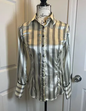 ZARA Satin Office Blouse STRECH Size Small Cream Black Lines Preppy Chic thumbnail 1