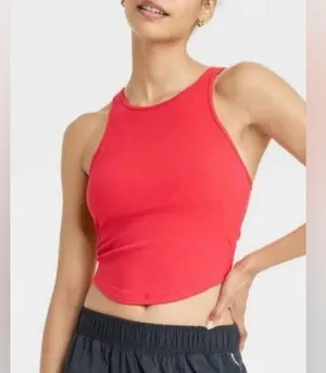women's rib high neck racerback cropped tank top all in motion red thumbnail 1
