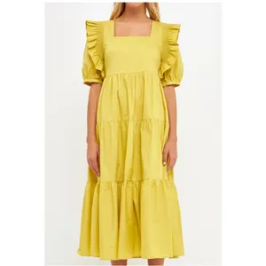 English Factory Chartreuse Square Neck Flutter Sleeve Tiered Midi Dress Sz S 🧡🍄 thumbnail 15