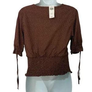 Abercrombie & Fitch Brown Polka Dot Tie Sleeve Smocked Waist Top size S NEW Tags thumbnail 7