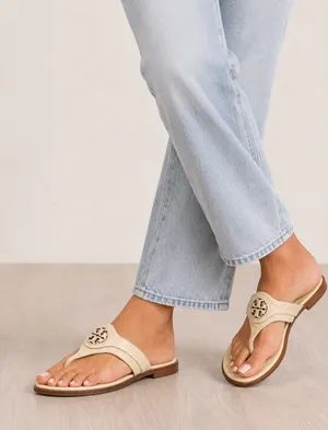 Tory Burch Miller Cream Crocodile Embossed Leather Thong Sandals 7.5M 8813 thumbnail 1