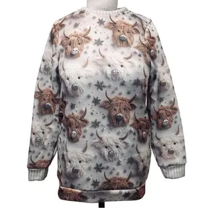 Knit Winter Cow Lover Beaded Yarn Animal Long Sleeve Pullover Crew Neck Sweater thumbnail 1