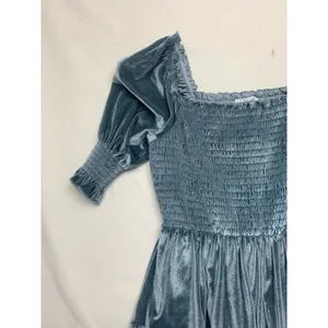 Baltic Born size large mini new velvet Smocked Square-Neck Dress Steel Blue thumbnail 4