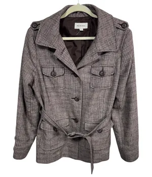 Merona Jacket Belted Herringbone Wool Blend Women's XXL Brown Tweed Workwear thumbnail 1