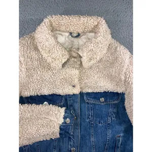 Topshop Denim Jacket Womens 6 Small Blue Cream Borg Fleece Mixed Media Trucker thumbnail 11