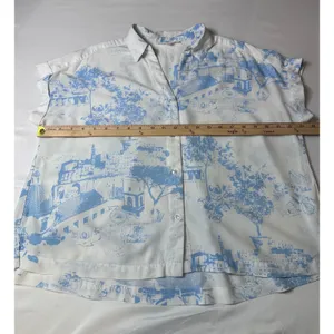 Jane + Delancey Womens Blue White Toile Scenic Button Down Shirt Large Short Slv thumbnail 4