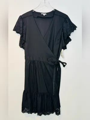 Maette Black Eyelet Cotton Poplin Wrap Mini Dress NWT thumbnail 3