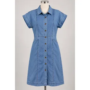 Blue Denim Short Sleeve Button Front Midi Shirt Dress Light Wash Small thumbnail 2