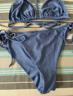 Aerie Blue Ribbed String Bikini Set XL thumbnail 3
