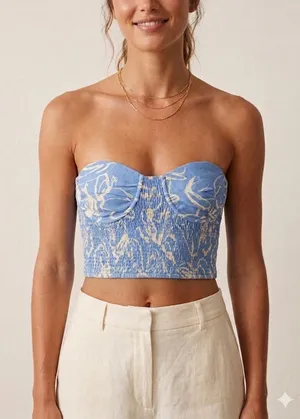 Zara Bustier Top Women Small Blue Floral Smocked‎ Strapless Linen Blend NWT thumbnail 1