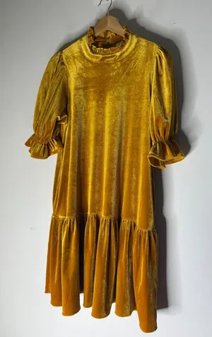 Calista Mustard Yellow Velvet Babydoll Mini Dress Ruffle Neck Puff Sleeve S thumbnail 1