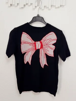 Miss Sparkling Black Pink Bow Graphic Short Sleeve Knit Sweater thumbnail 2