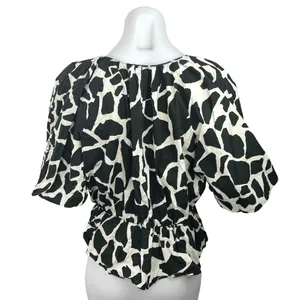 Zara Black White Animal Print V-Neck Short Sleeve Peplum Pullover Blouse Top M thumbnail 2