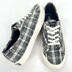 Sperry Pier View Anchor Plaid Gray Blue White Canvas Laced Slip On Sneakers 7.5 thumbnail 1