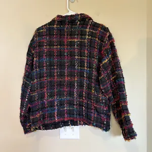 VINTAGE 80s Silver Stream 100% COTTON Jacket Large Black‎ Colorful Tweed Fringe thumbnail 3