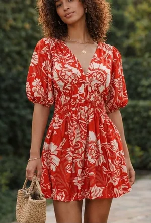 Abel The Label Red and White Floral Puff Sleeve Mini Dress thumbnail 1