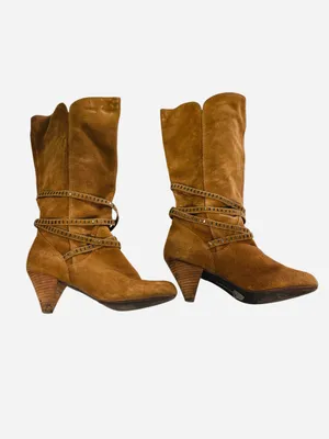 EXPRESS Suede Studded Strappy Cone Heel Boots Brown Sz 10 90’s, Y2K, Carmel thumbnail 5