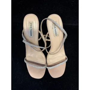 Steve Madden‎ Snappy Rhinestone Lucite Heel Sandals Tan Suede Crystal Strappy 9M thumbnail 5