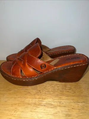 Born Women's Cognac Brown Woven Leather Slide Platform Wedge Sandals Size 7 thumbnail 2