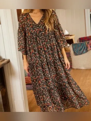 Natural Life Dress Size Small Brown Midi Floral V Neck Bell Sleeve Tiered Boho thumbnail 14