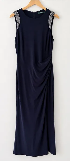 Lauren Ralph Lauren Navy Embellished Ruched Maxi Dress Sleeveless Gown 10 thumbnail 1