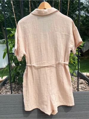 New In Women’s 100% Cotton Gauze Light Beige Romper Size S Safari Boho Coastal thumbnail 5