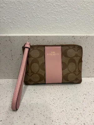 Coach Signature Logo Zip Wristlet Wallet, Beige/White, Credit Card Womens EUC thumbnail 9