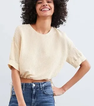 Zara yellow and white striped short sleeve crop top thumbnail 1