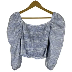Stradivarius Knot Front Plaid Puff Sleeve Crop Top Blue Cottagecore Size S thumbnail 4