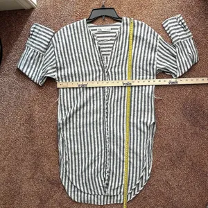 Zara Top Women’s XS Tunic White Blue Gold Stripe Button Down Long Sleeve Coastal thumbnail 9