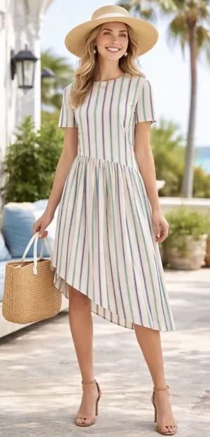English Factory cotton Striped Asymmetric Midi Dress Sz Medium coastal preppy thumbnail 1