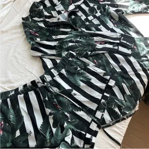 Revolve Plush Tropical Black White Striped Shirt and Short Sleep Set Leaf Print thumbnail 2