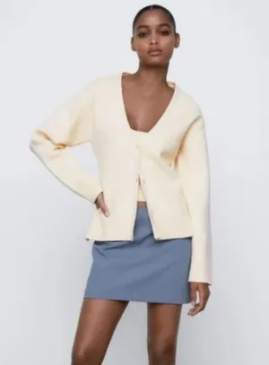 Zara Knit Ribbed Boxy Cardigan Jacket Cream Size Small thumbnail 1