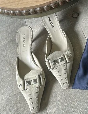 Prada Creme Suede Pointed Toe Kitten Heels Size 37.5 thumbnail 1