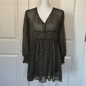 Zara Green & White Polka Dot Mini Dress – Long Sleeve Smocked Waist, Size M thumbnail 2