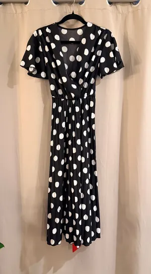 SHEIN Black and White Polka Dot with Red Wrap Dress thumbnail 1