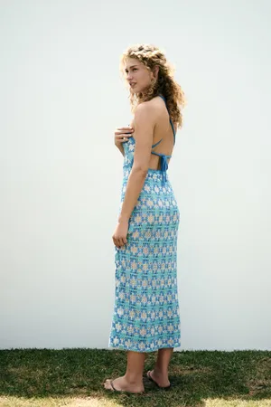 Zara Blue Patterned Crochet Halter Maxi Dress Bohemian Summer Casual thumbnail 7