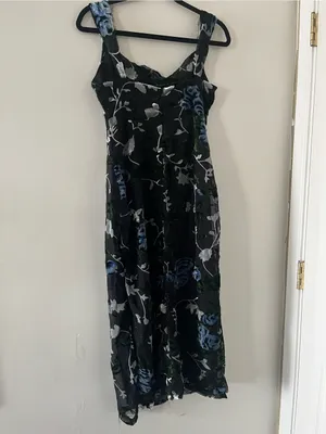 Lulus Black Blue Floral Velvet Burnout Midi Dress Small Romantic Wedding Guest thumbnail 8