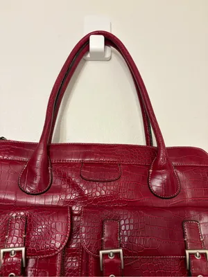 Red Croc Embossed Satchel Handbag 3 Buckle Pockets Structured Tote thumbnail 3