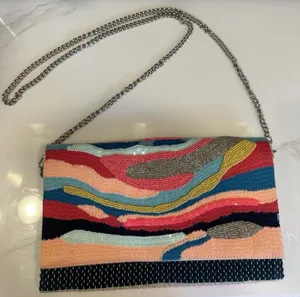 America & Beyond Beaded Clutch Shoulder Flap Chain Bag Purse Colorful Artsy Boho thumbnail 1