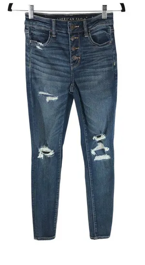 American Eagle Womens Jeans Hi-Rise Jegging Dark Wash Distressed Stretch 4 thumbnail 1