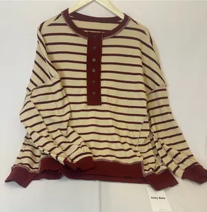 Striped Henley Pullover Sweatshirt in Ivory & Burgundy - Women thumbnail 1