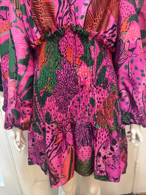 Farm Rio Boho Cool Leopards Mini Dress V-Neck Smocked Mini Dress Size Large thumbnail 4
