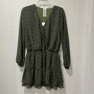 Sadie & Sage Womens Olive Green Animal Print Mini Dress Long Sleeve‎ Small NWT thumbnail 2