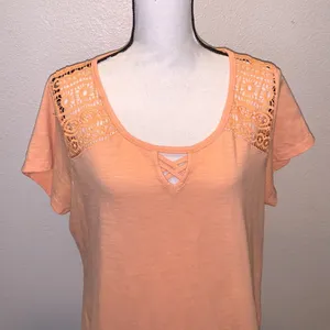 French Laundry peach orange lace keyhole front short sleeve shirt thumbnail 2